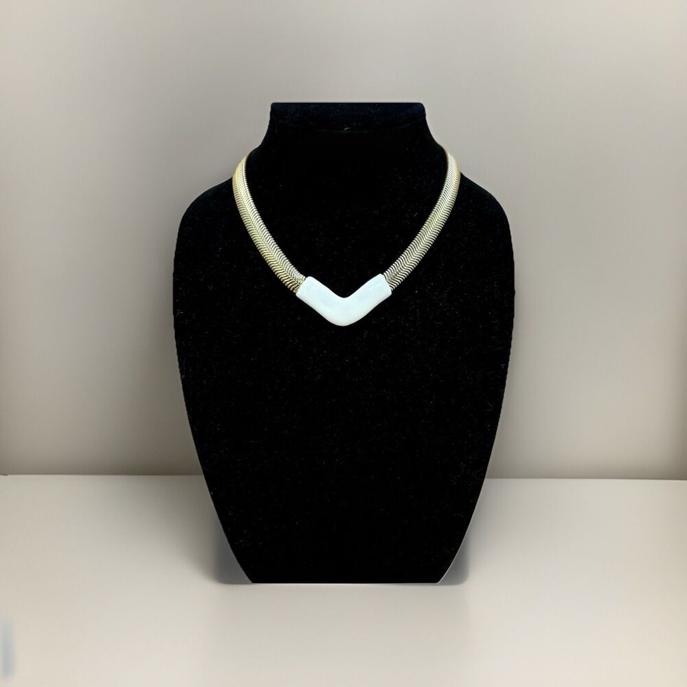 Vintage Gold Tone Collar Necklace With Ivory Chevron Accent, 1980s Statement